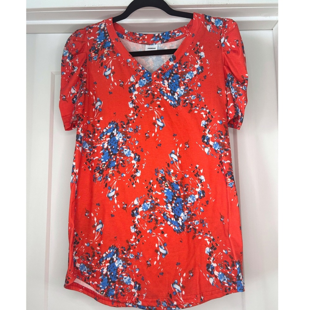 Amazon Women Red Abstract Floral Puff Sleeve V-Neck Blouse Top Small Feminine